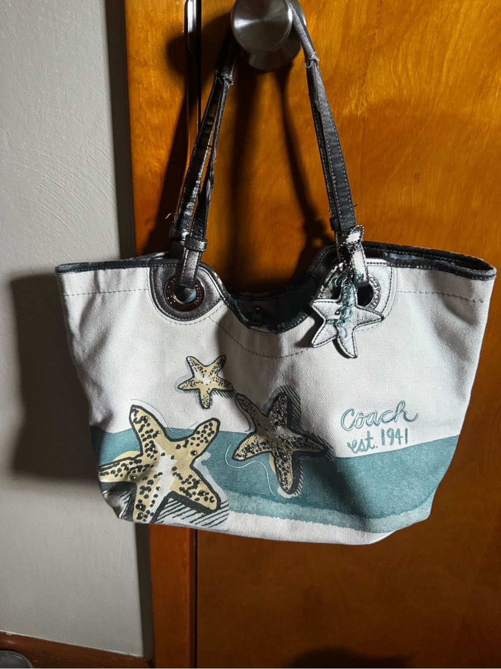 Coach White Canvas Tote with Teal Wave & Starfish Accents